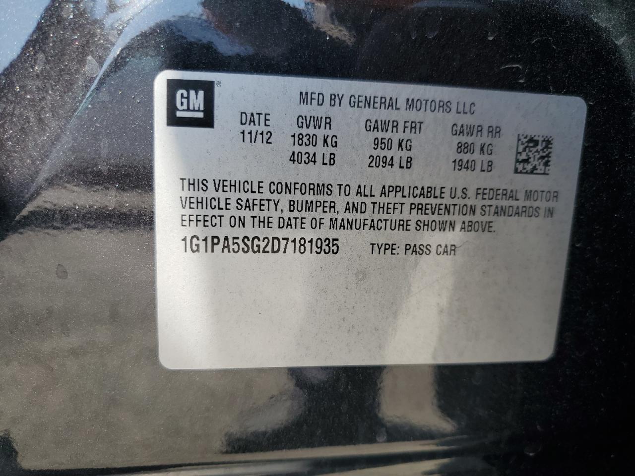 CHEVROLET CRUZE 2013 VIN 1G1PA5SG2D7181935 фото 12