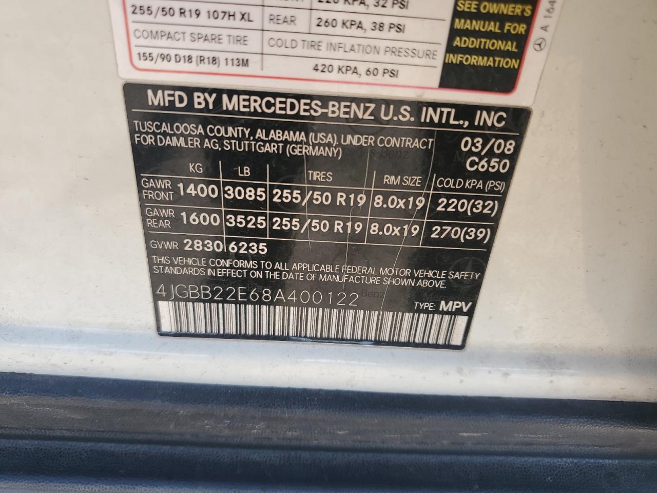 2008 Mercedes-Benz Ml 320 Cdi VIN: 4JGBB22E68A400122 Lot: 62194165