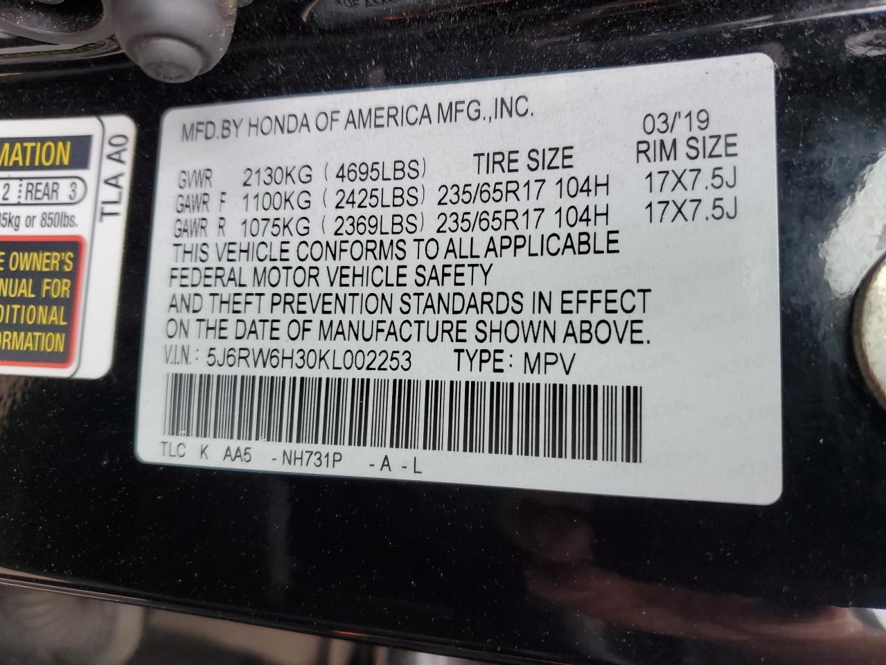 2019 Honda Cr-V Lx VIN: 5J6RW6H30KL002253 Lot: 61422185