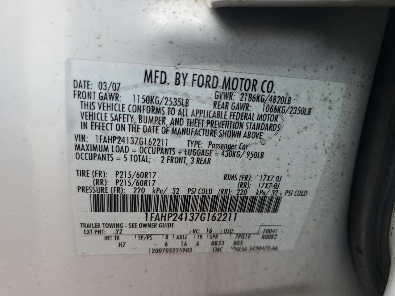 2007 Ford Five Hundred Sel VIN: 1FAHP24137G162211 Lot: 62855315