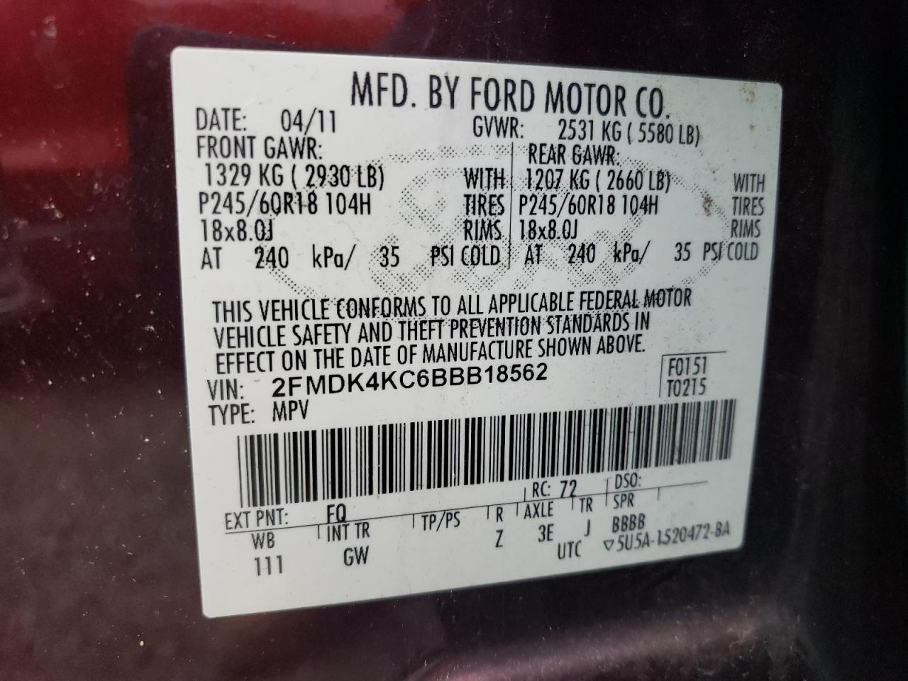 FORD EDGE 2011 VIN 2FMDK4KC6BBB18562 фото 13