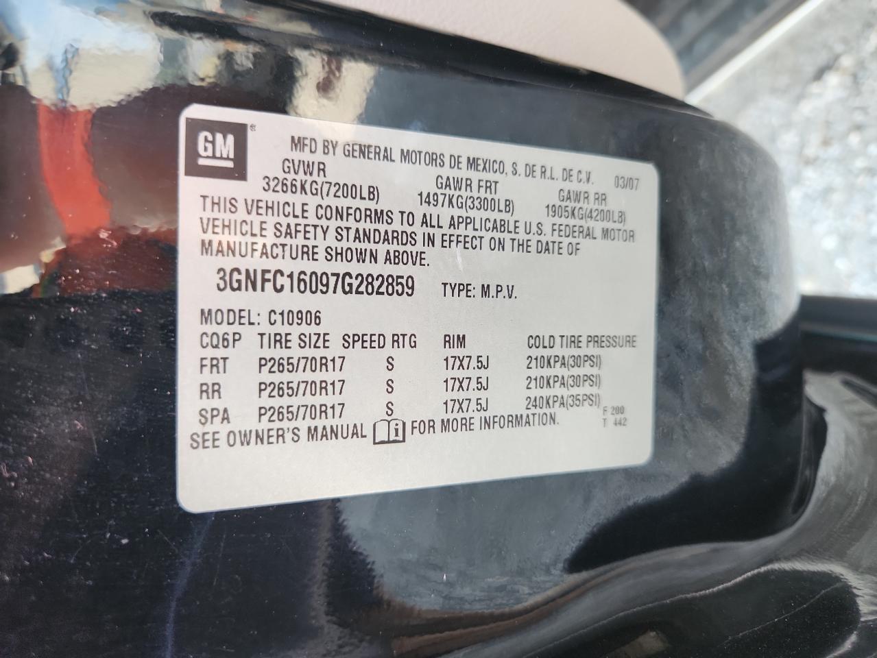 2007 Chevrolet Suburban C1500 VIN: 3GNFC16097G282859 Lot: 62921325