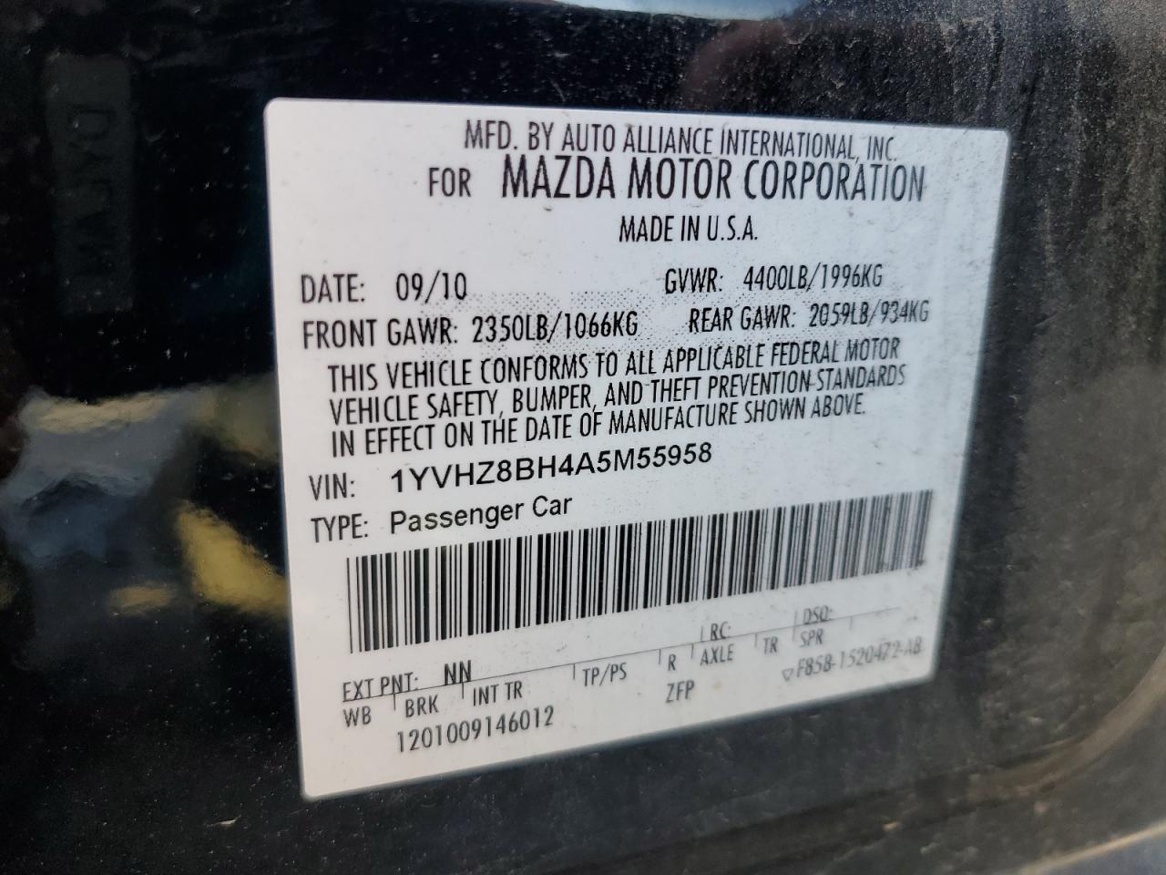 2010 Mazda 6 I VIN: 1YVHZ8BH4A5M55958 Lot: 62034685