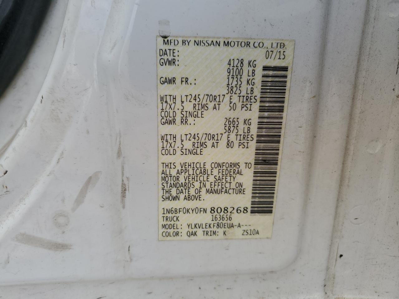 2015 Nissan Nv 1500 VIN: 1N6BF0KY0FN808268 Lot: 61143635