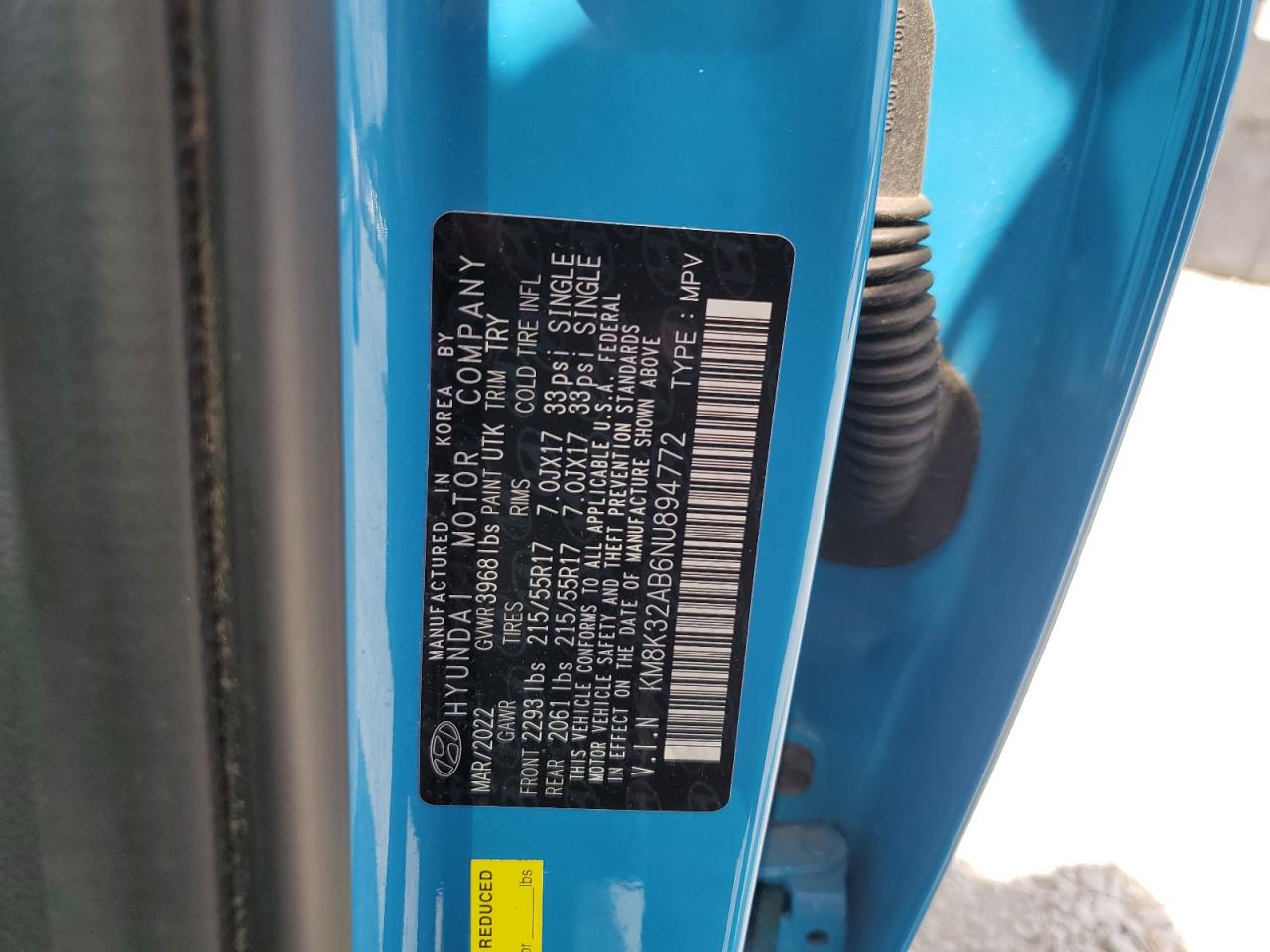 2022 Hyundai Kona Sel VIN: KM8K32AB6NU894772 Lot: 61062565