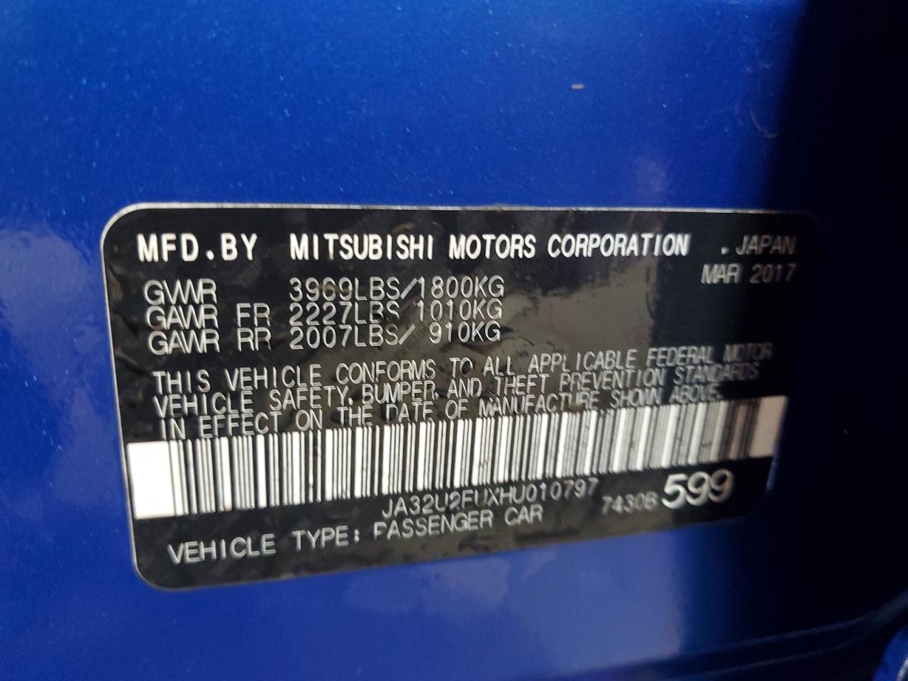 2017 Mitsubishi Lancer Es VIN: JA32U2FUXHU010797 Lot: 61831725