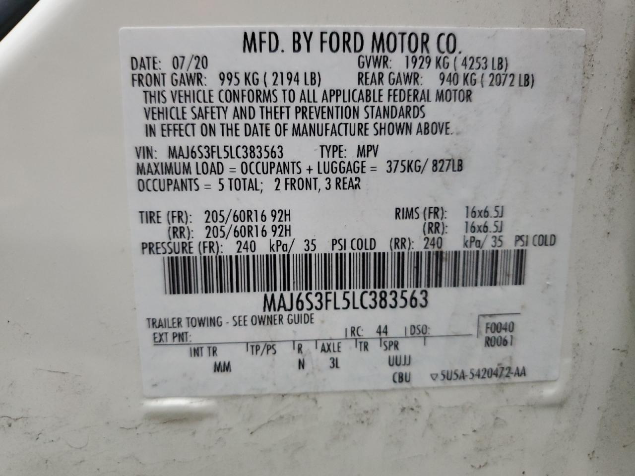 2020 Ford Ecosport S VIN: MAJ6S3FL5LC383563 Lot: 62646075