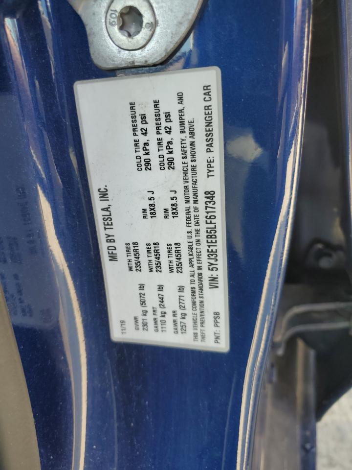 2020 Tesla Model 3 VIN: 5YJ3E1EB5LF617348 Lot: 61562585