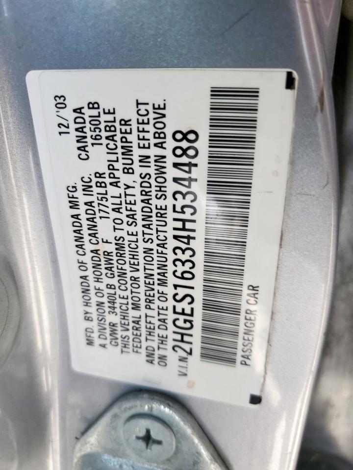 2004 Honda Civic Dx Vp VIN: 2HGES16334H534488 Lot: 58536725