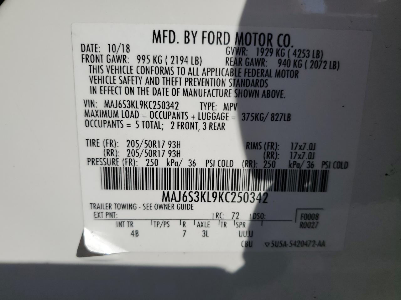 2019 Ford Ecosport Titanium VIN: MAJ6S3KL9KC250342 Lot: 59522085