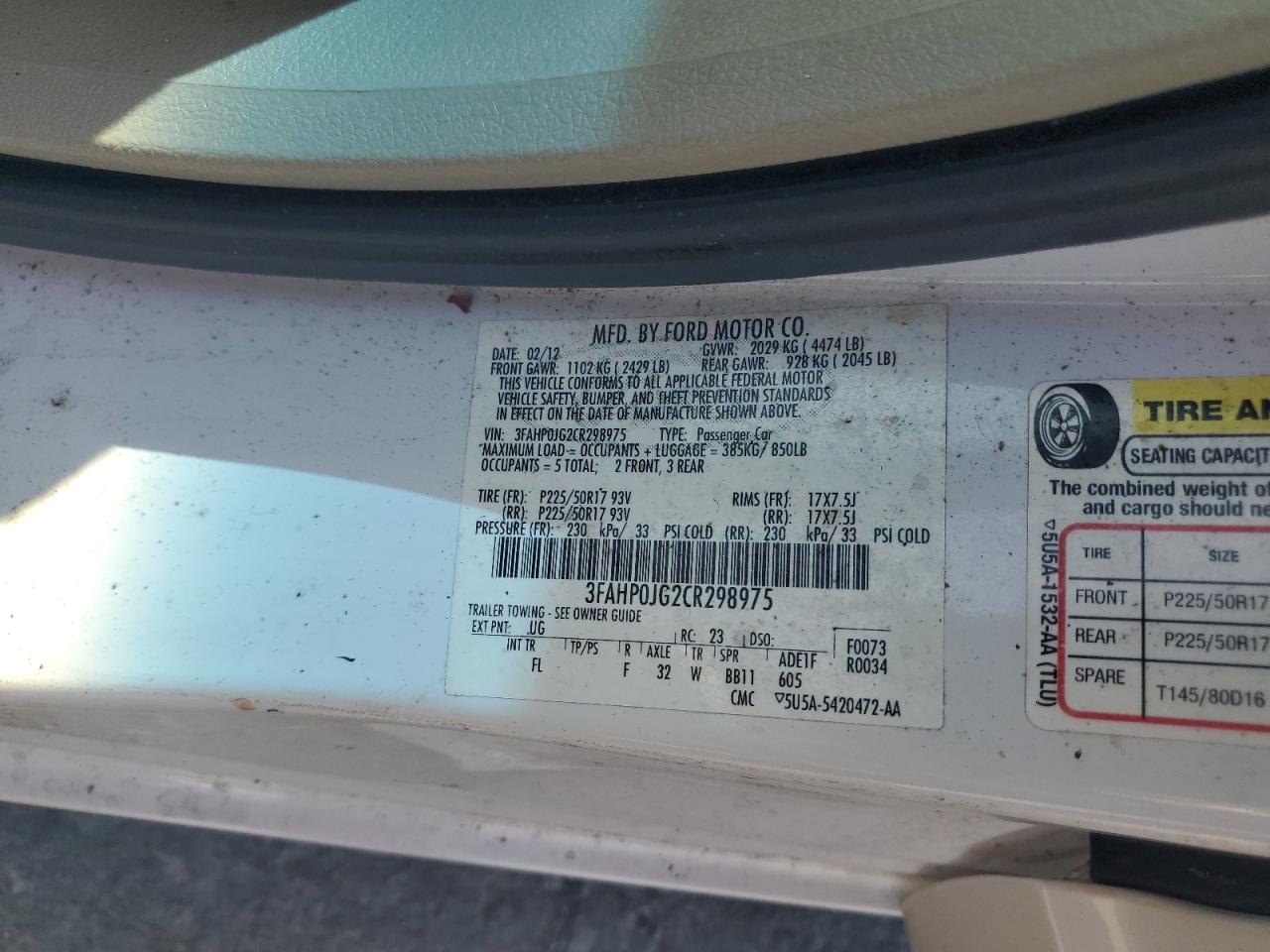 2012 Ford Fusion Sel VIN: 3FAHP0JG2CR298975 Lot: 62084845