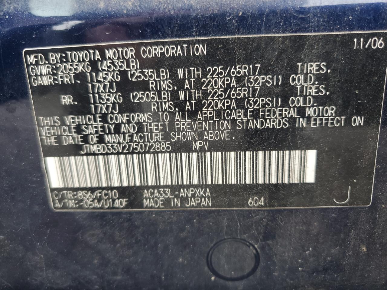 2007 Toyota Rav4 VIN: JTMBD33V275072885 Lot: 60710575