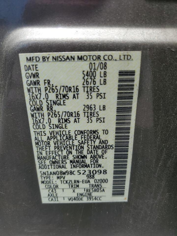 2008 Nissan Xterra Off Road VIN: 5N1AN08W98C523098 Lot: 60407965