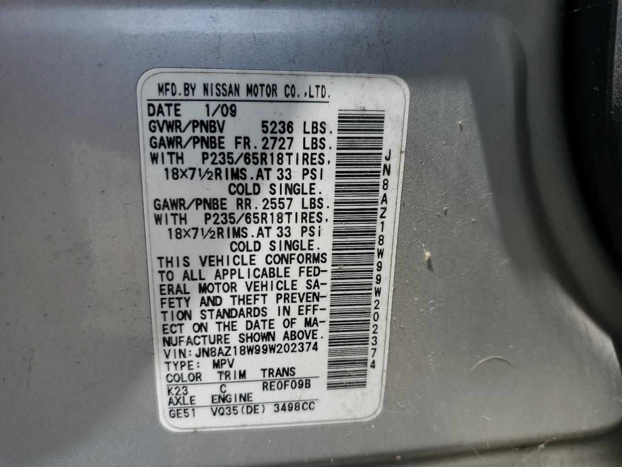 2009 Nissan Murano S VIN: JN8AZ18W99W202374 Lot: 61614645