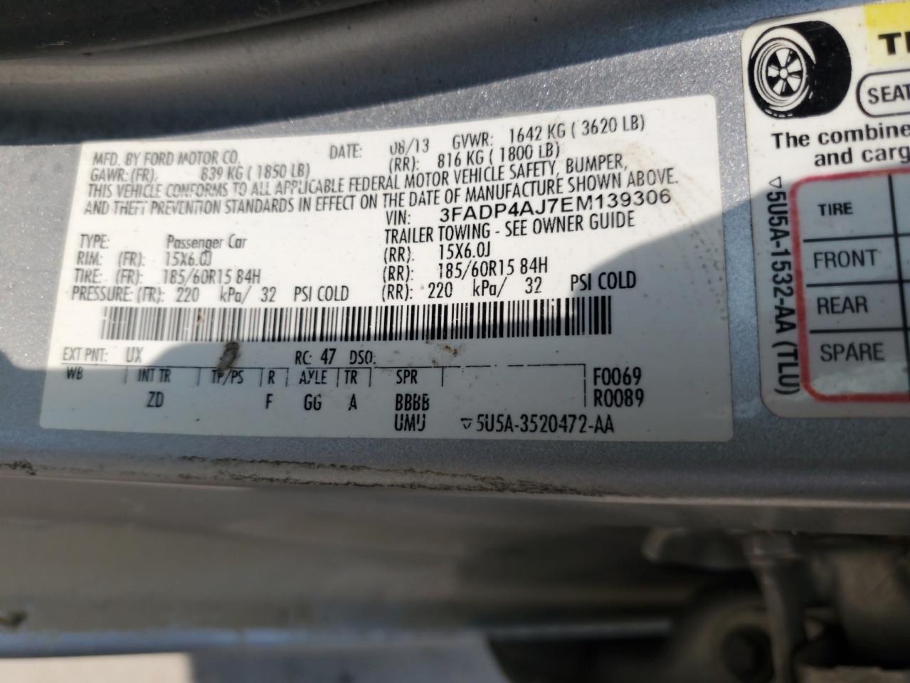 2014 Ford Fiesta S VIN: 3FADP4AJ7EM139306 Lot: 59467245