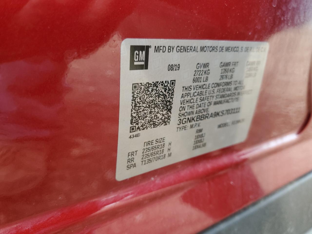 2019 Chevrolet Blazer 1Lt VIN: 3GNKBBRA9KS703111 Lot: 62569095