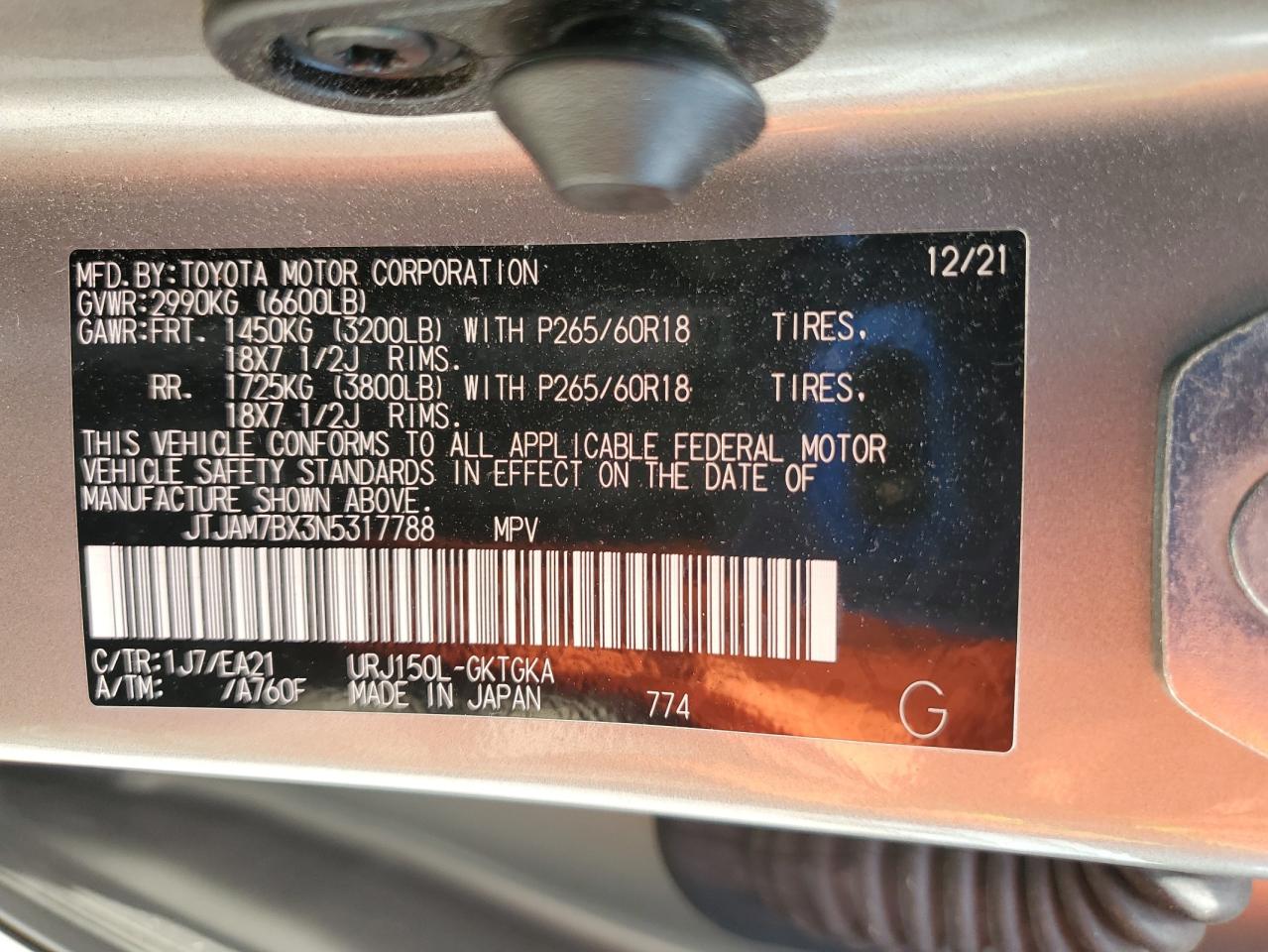 2022 Lexus Gx 460 VIN: JTJAM7BX3N5317788 Lot: 61358485