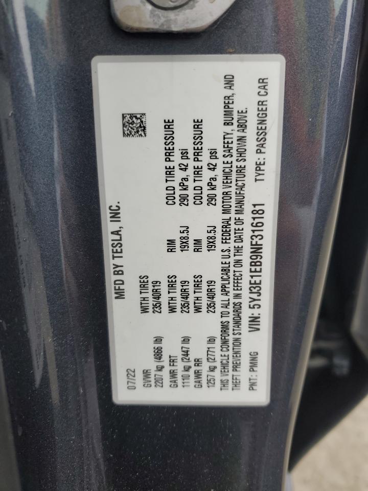 2022 Tesla Model 3 VIN: 5YJ3E1EB9NF316181 Lot: 62512565
