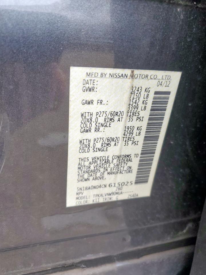 2012 Nissan Armada Sv VIN: 5N1BA0ND4CN615025 Lot: 59050705