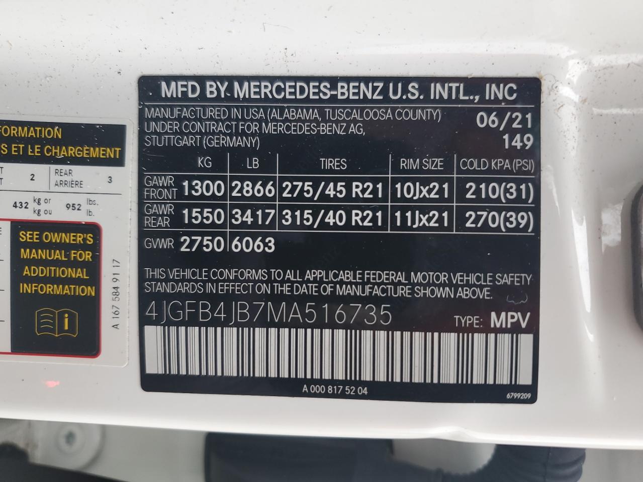 2021 Mercedes-Benz Gle 350 VIN: 4JGFB4JB7MA516735 Lot: 60440365