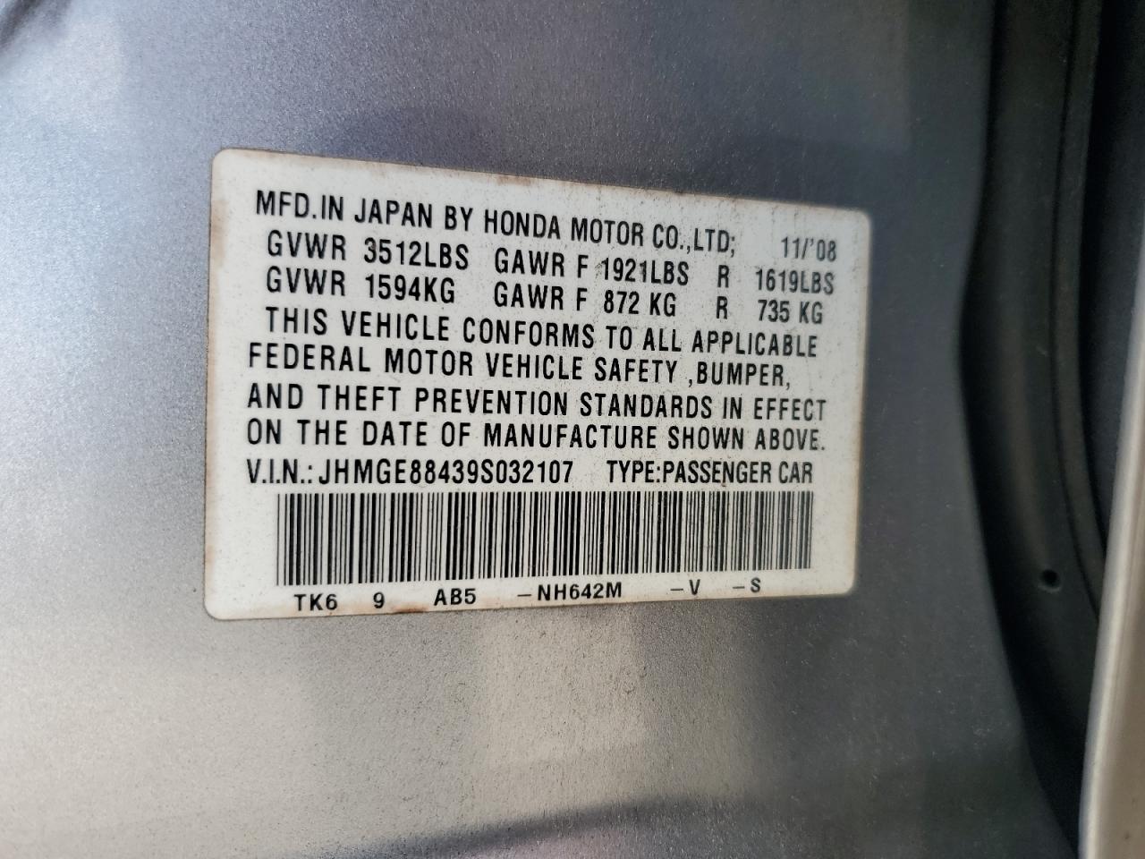 2009 Honda Fit Sport VIN: JHMGE88439S032107 Lot: 62328695
