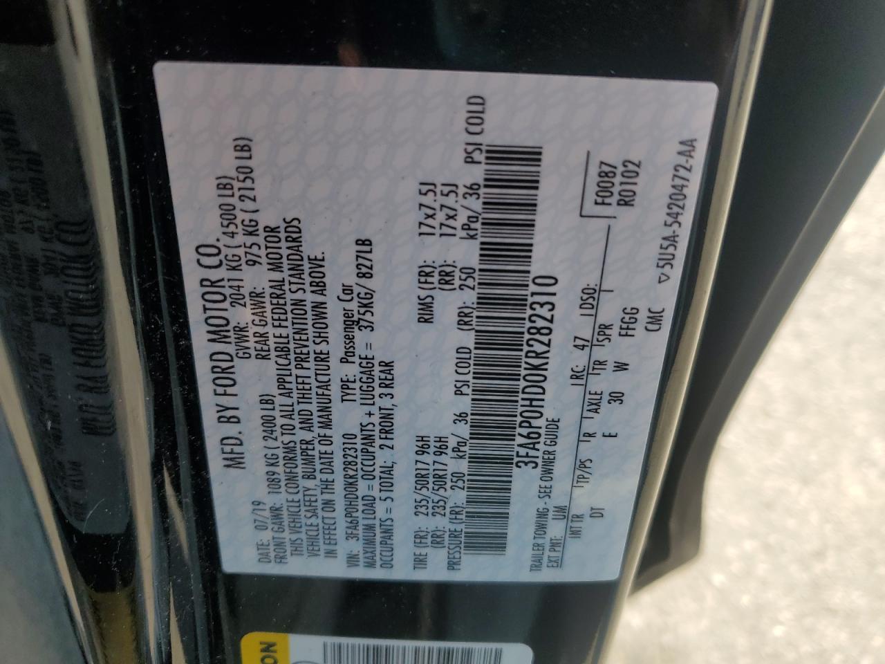 2019 Ford Fusion Se VIN: 3FA6P0HD0KR282310 Lot: 62289505