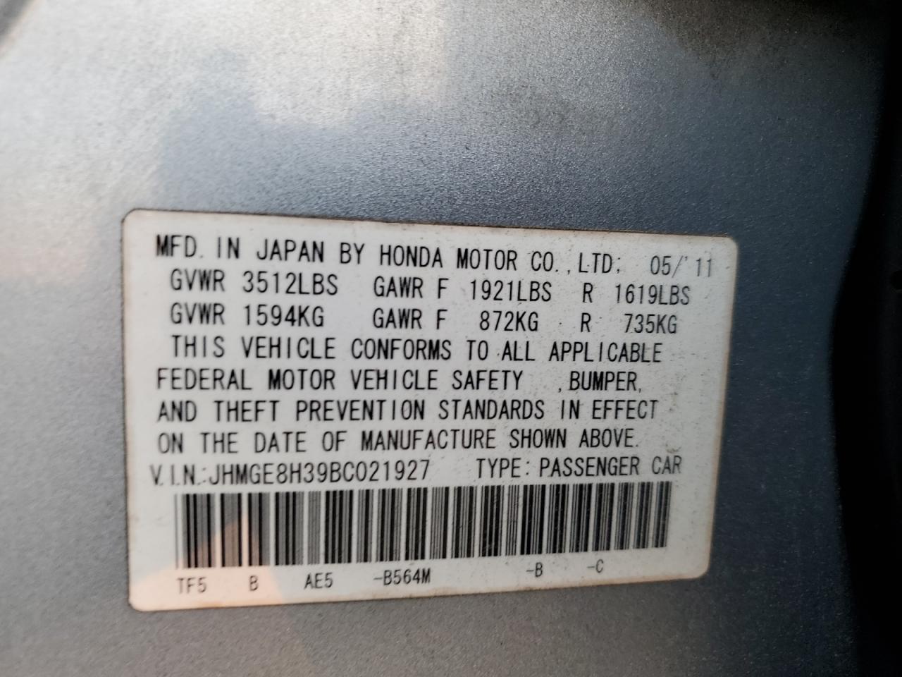 2011 Honda Fit VIN: JHMGE8H39BC021927 Lot: 61154775