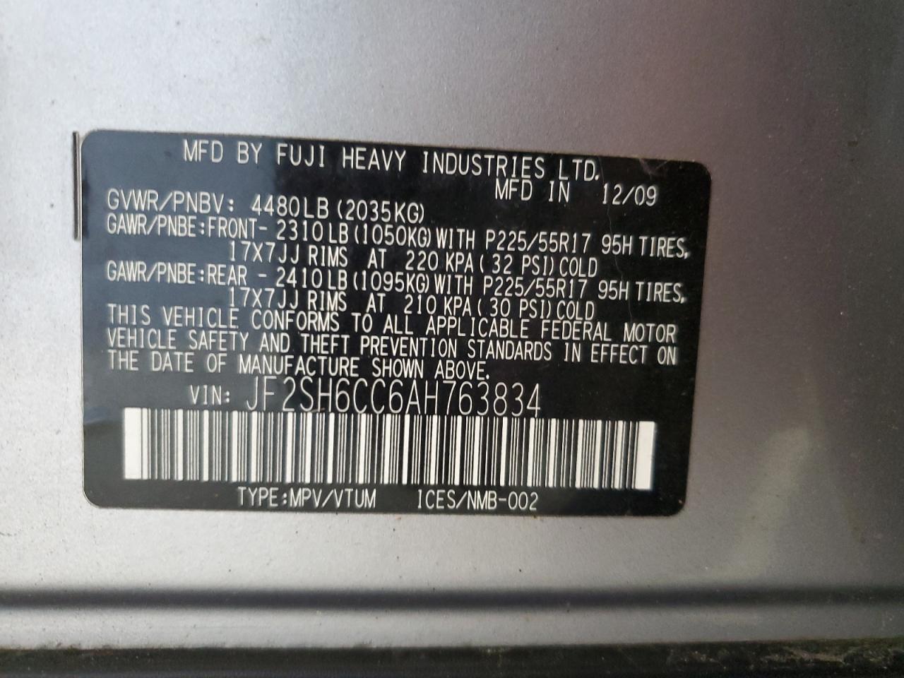 2010 Subaru Forester 2.5X Premium VIN: JF2SH6CC6AH763834 Lot: 61184555