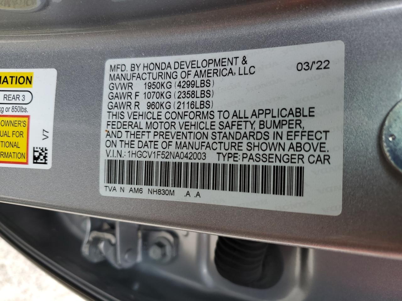 2022 Honda Accord Exl VIN: 1HGCV1F52NA042003 Lot: 61657105