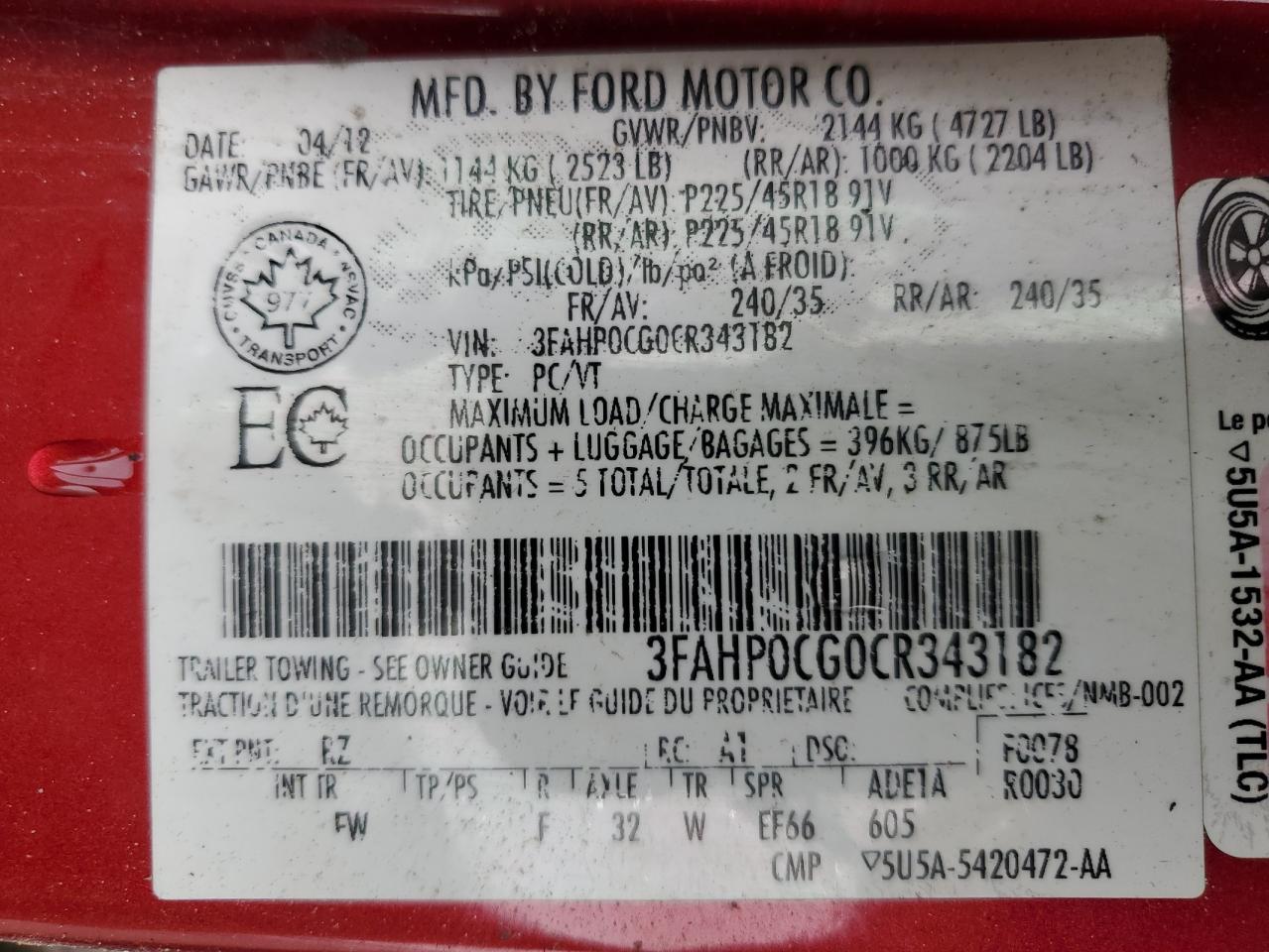 2012 Ford Fusion Sel VIN: 3FAHP0CG0CR343182 Lot: 62654005