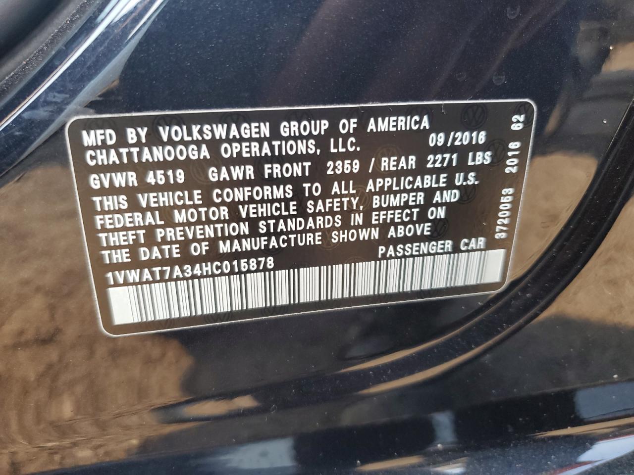 2017 Volkswagen Passat S VIN: 1VWAT7A34HC015878 Lot: 62075385