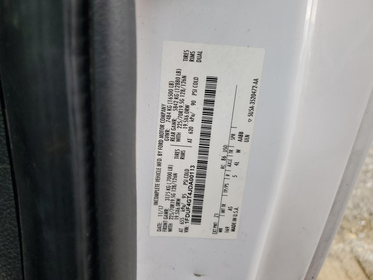 2018 Ford F450 Super Duty VIN: 1FDUF4GT4JDA00113 Lot: 59905555
