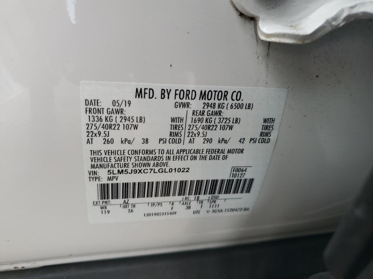 2020 Lincoln Aviator Black Label VIN: 5LM5J9XC7LGL01022 Lot: 61236505