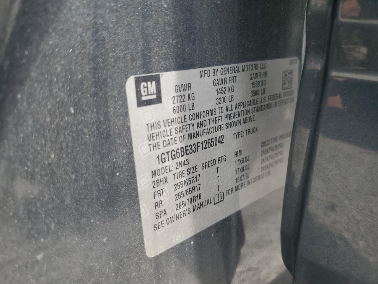 2015 GMC Canyon Sle VIN: 1GTG6BE33F1265042 Lot: 61023075