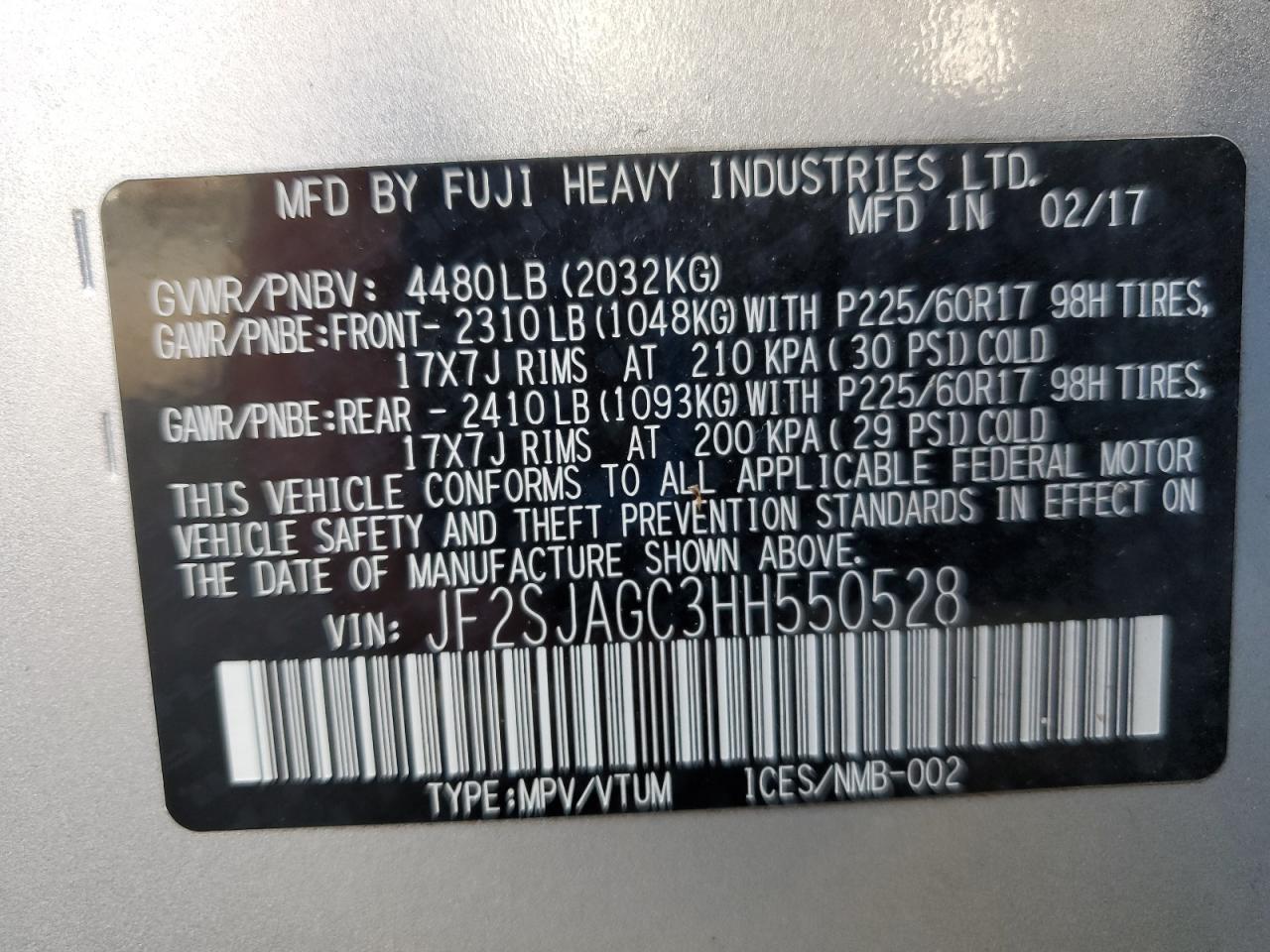 2017 Subaru Forester 2.5I Premium VIN: JF2SJAGC3HH550528 Lot: 61708145