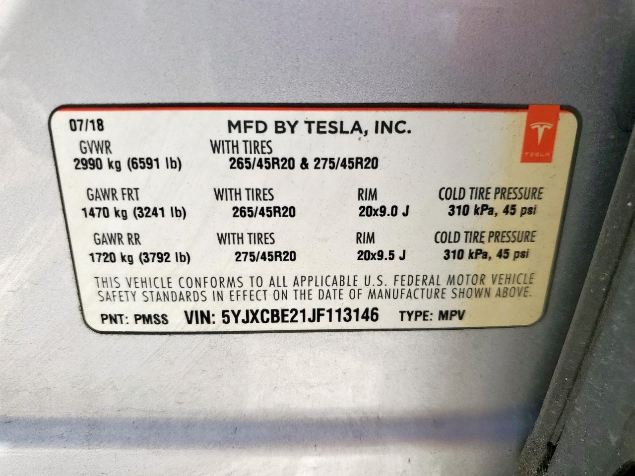 2018 Tesla Model X VIN: 5YJXCBE21JF113146 Lot: 61098625