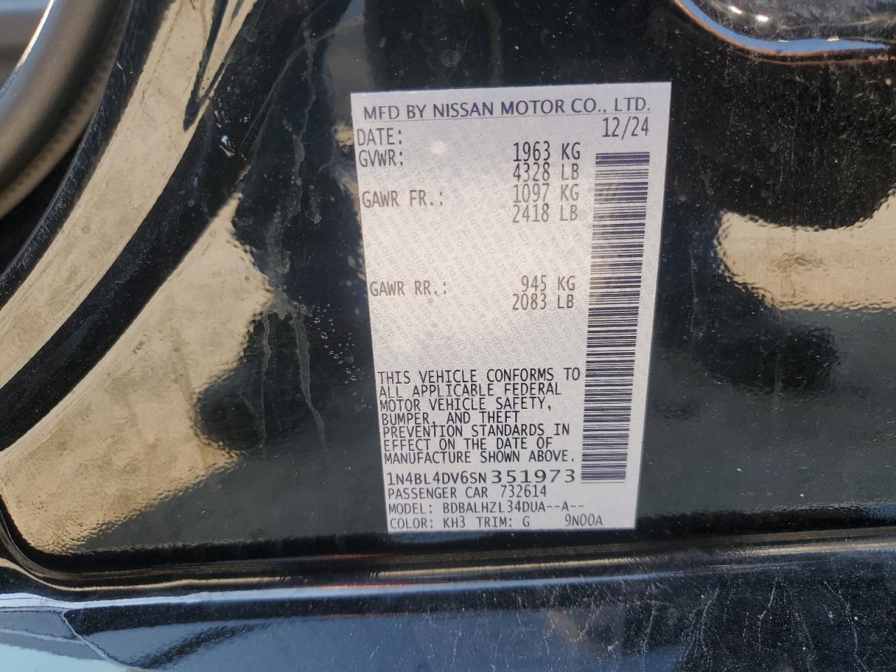 2025 Nissan Altima Sv VIN: 1N4BL4DV6SN351973 Lot: 62032385