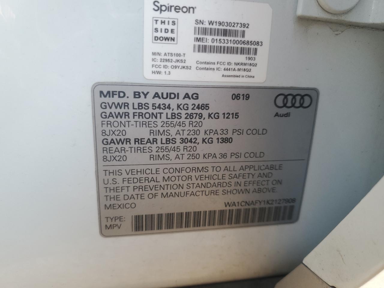 2019 Audi Q5 Prestige VIN: WA1CNAFY1K2127908 Lot: 61885195