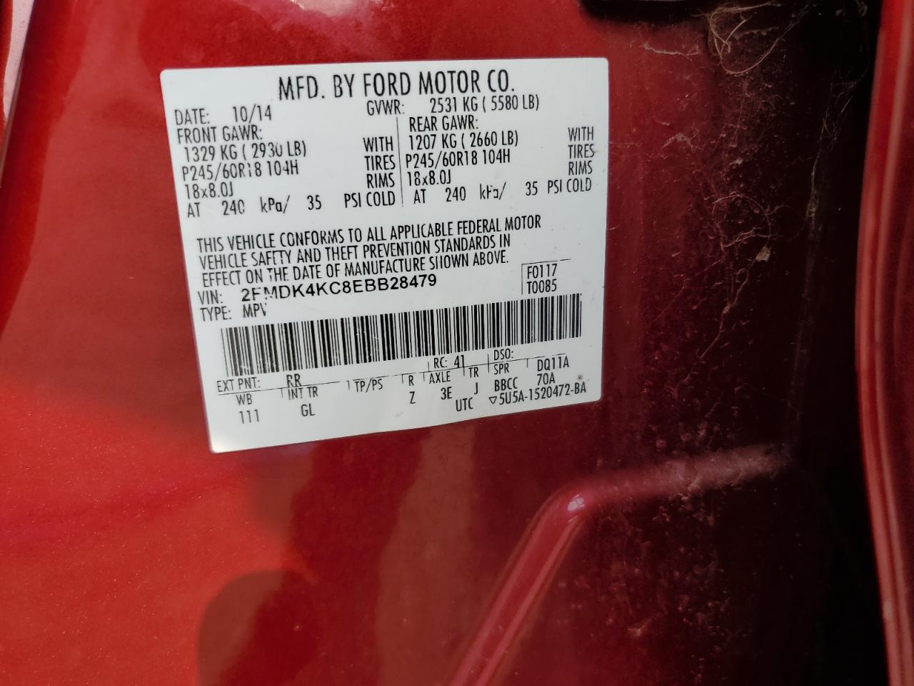 2014 Ford Edge Limited VIN: 2FMDK4KC8EBB28479 Lot: 60484265