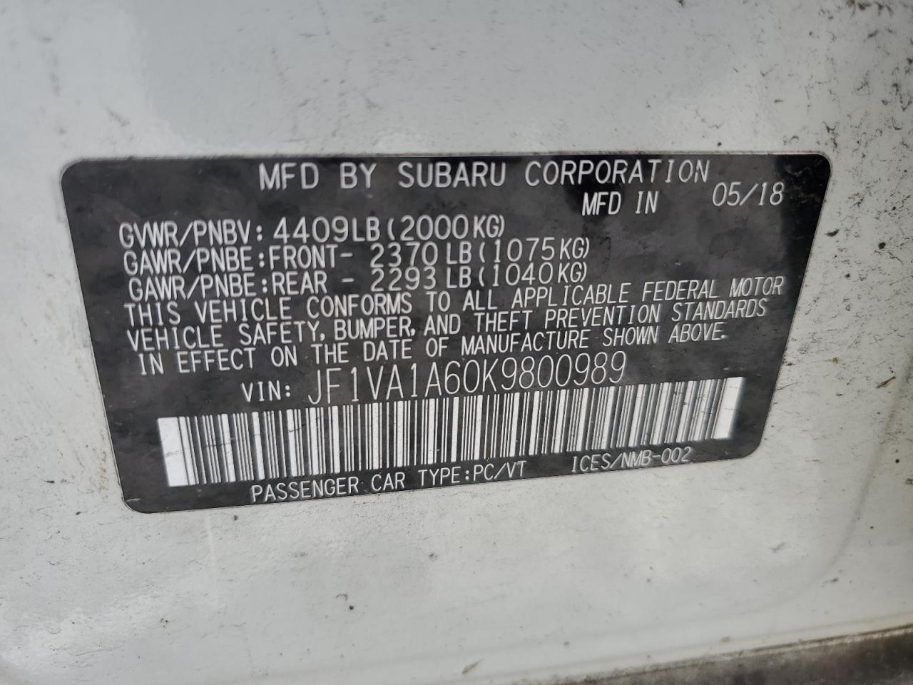 2019 Subaru Wrx VIN: JF1VA1A60K9800989 Lot: 61462625