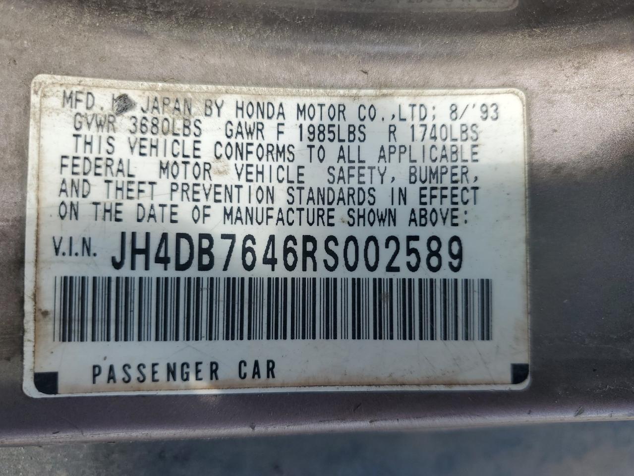 1994 Acura Integra Rs VIN: JH4DB7646RS002589 Lot: 60633565