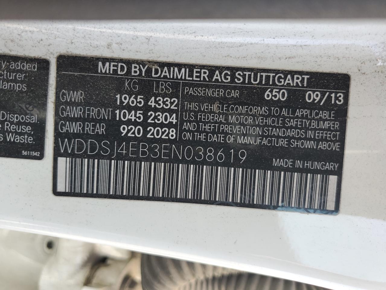 2014 Mercedes-Benz Cla 250 VIN: WDDSJ4EB3EN038619 Lot: 62005215