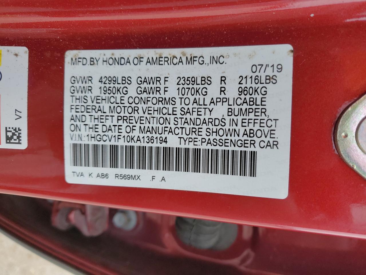 HONDA ACCORD 2019 VIN 1HGCV1F10KA136194 photo 12