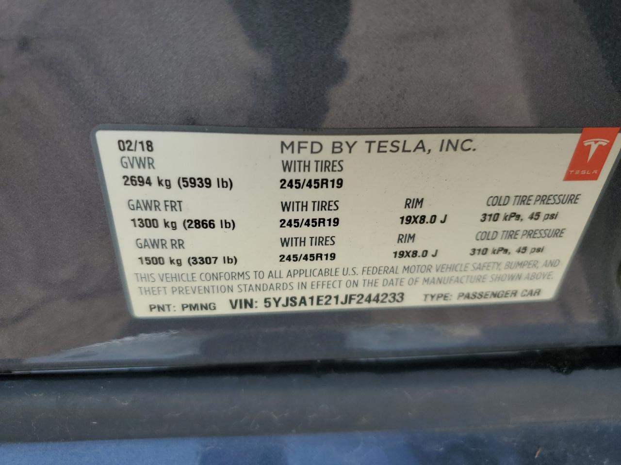 2018 Tesla Model S VIN: 5YJSA1E21JF244233 Lot: 61669925