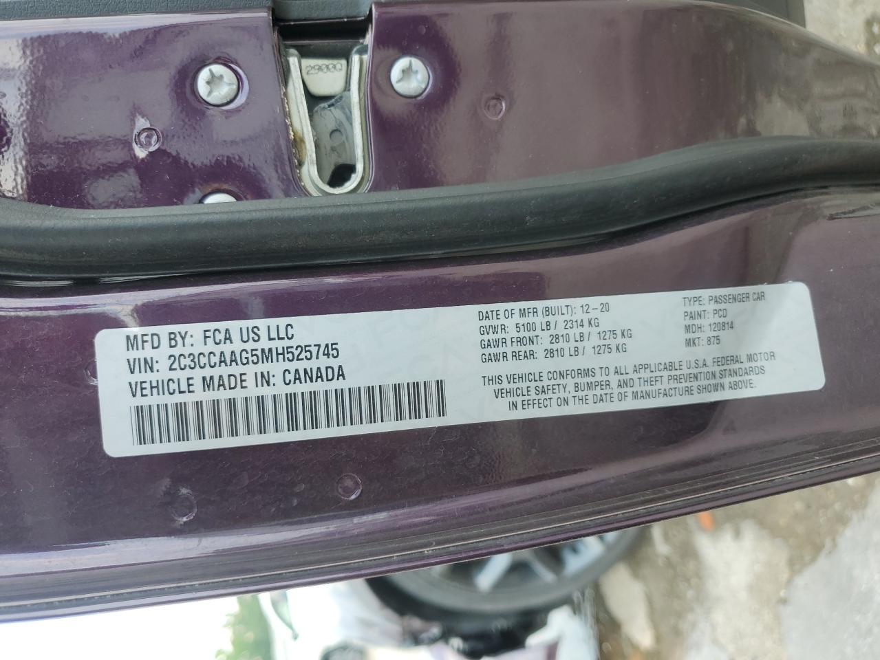 2021 Chrysler 300 Touring VIN: 2C3CCAAG5MH525745 Lot: 62419655