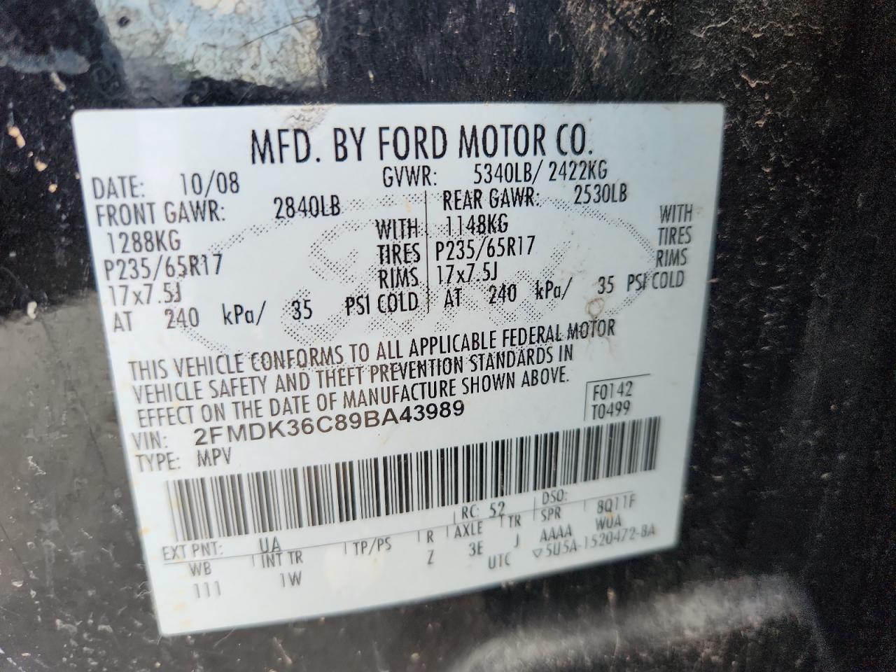 2009 Ford Edge Se VIN: 2FMDK36C89BA43989 Lot: 61836495