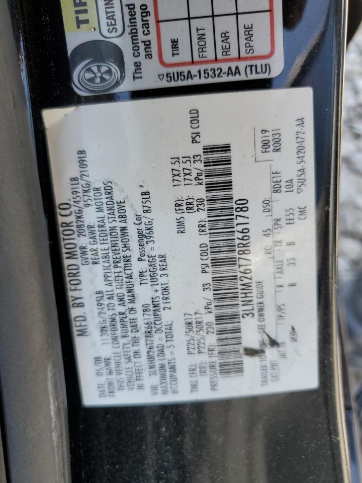 2008 Lincoln Mkz VIN: 3LNHM26T78R661780 Lot: 62887365