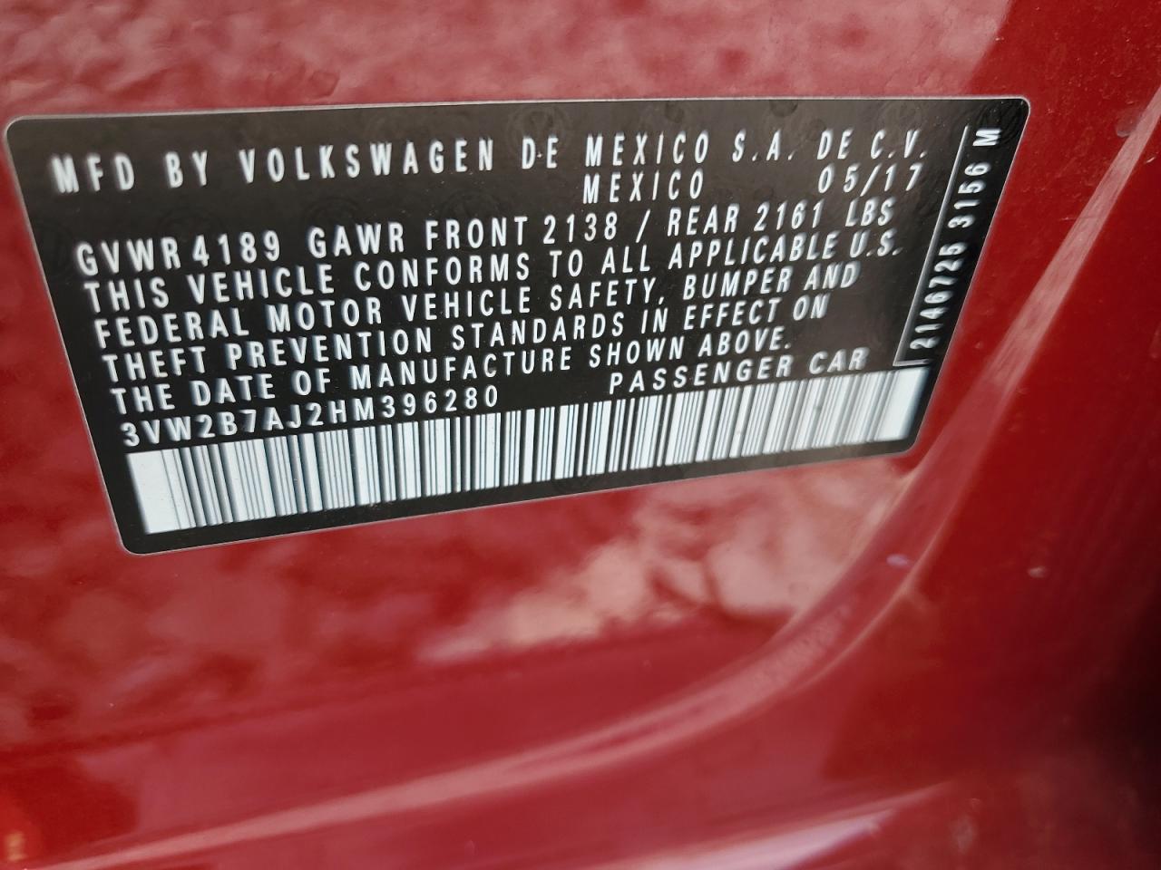 2017 Volkswagen Jetta S VIN: 3VW2B7AJ2HM396280 Lot: 62239135
