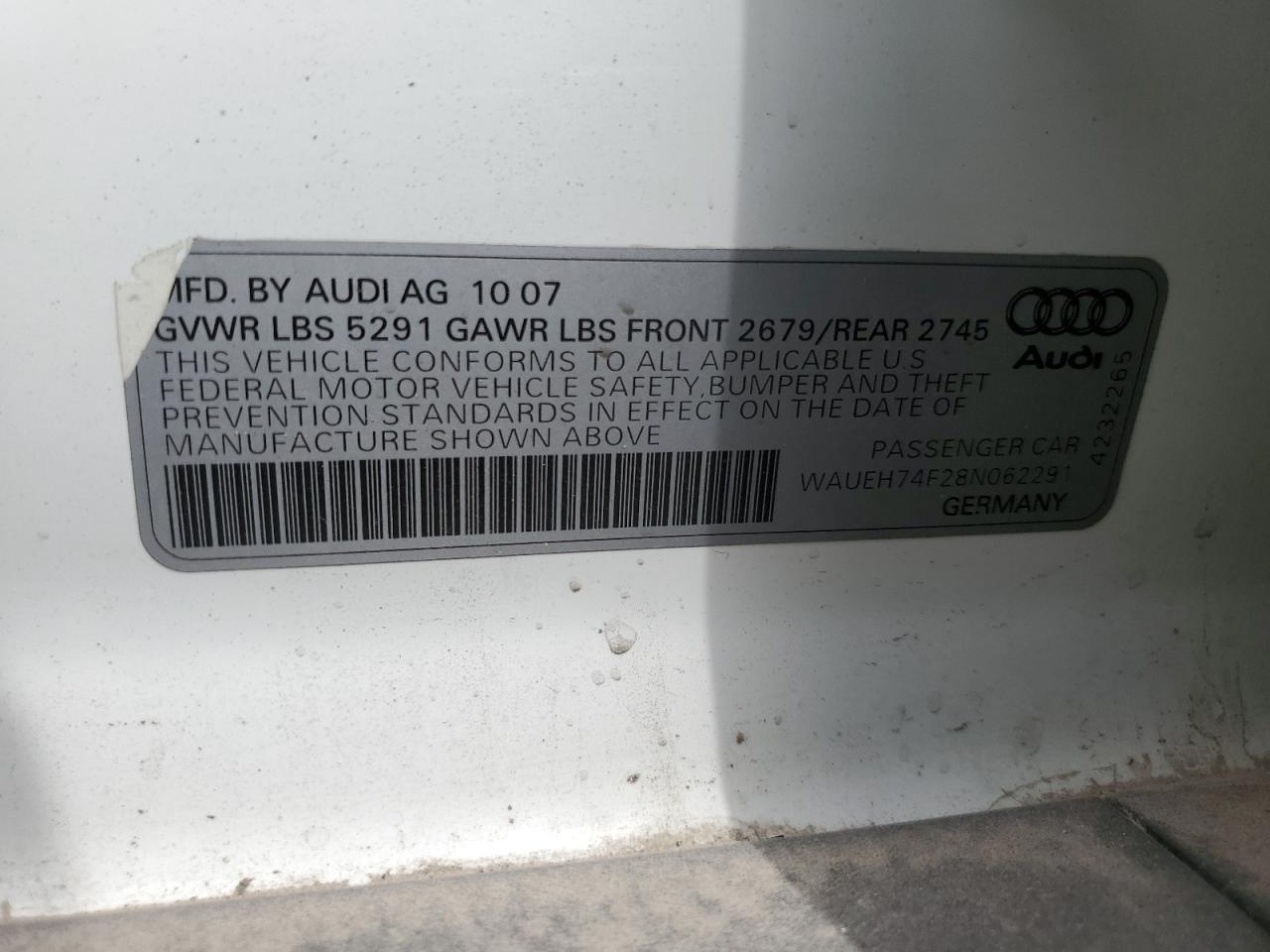 2008 Audi A6 S-Line 3.2 Quattro VIN: WAUEH74F28N062291 Lot: 62361315