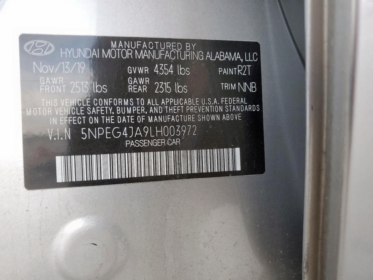 2020 Hyundai Sonata Se VIN: 5NPEG4JA9LH003972 Lot: 62587345